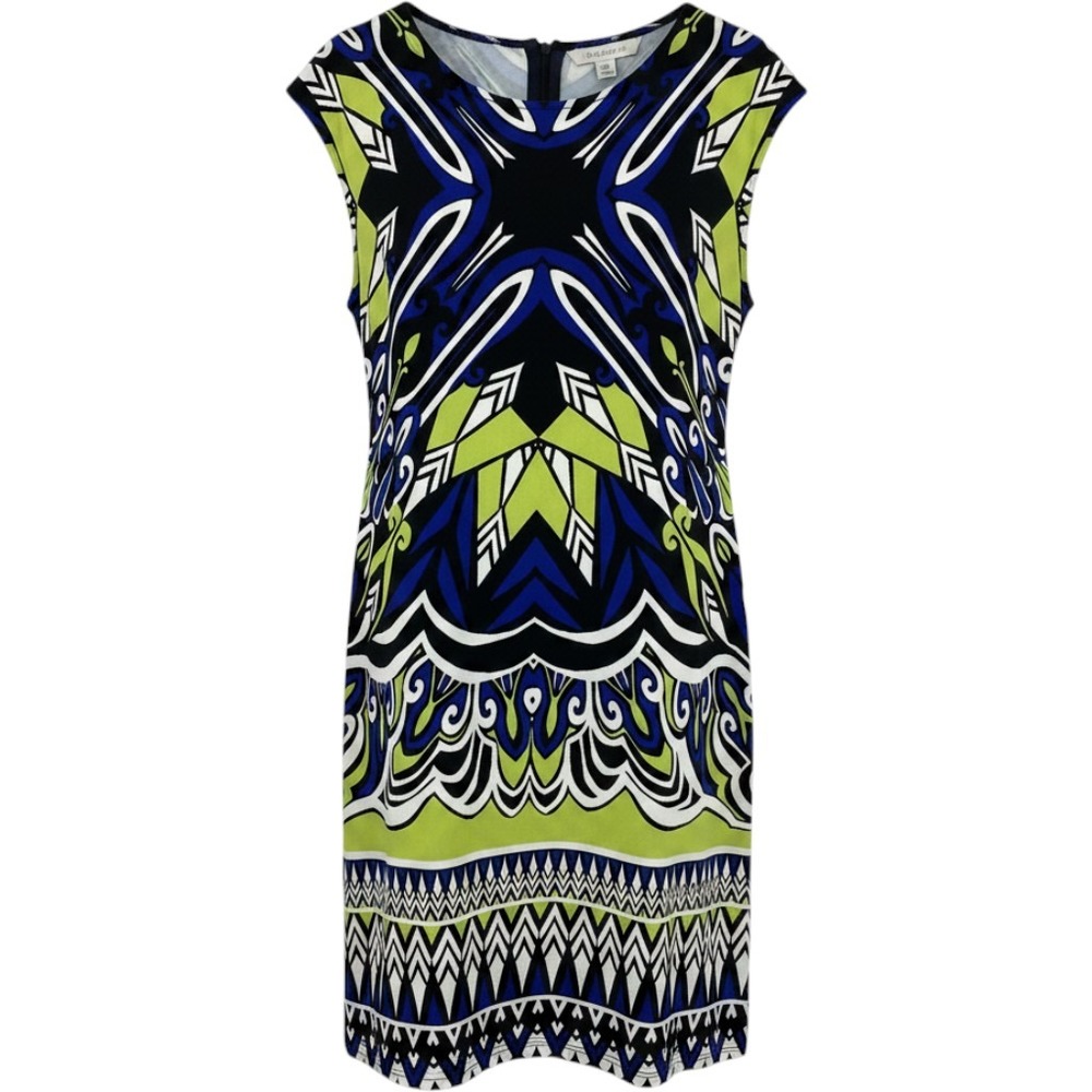 Chico's Geometric Print Sleeveless Sheath Dress Womens Size 2 Large Blue Green